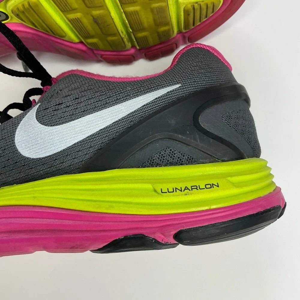 Nike Grey Pink LunarGlide 4 Running Shoes Girls 5Y 525371-001 Lunarlon Neon